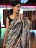 Ink Blue Printed Tissue Silk Saree with Gold Zari Border