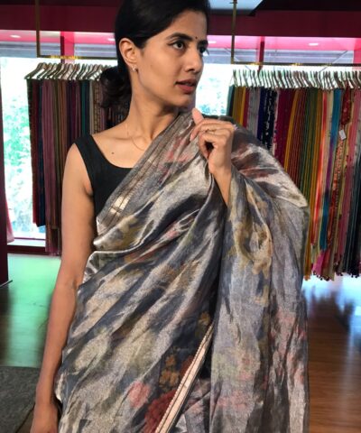Ink Blue Printed Tissue Silk Saree with Gold Zari Border