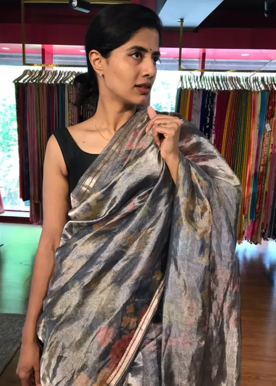 Ink Blue Printed Tissue Silk Saree with Gold Zari Border