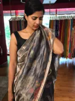 Ink Blue Printed Tissue Silk Saree with Gold Zari Border - Image 3
