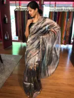 Ink Blue Printed Tissue Silk Saree with Gold Zari Border - Image 6
