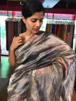 Ink Blue Printed Tissue Silk Saree with Gold Zari Border - Image 5