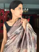 Black Printed Tissue Silk Saree with Gold Zari Border