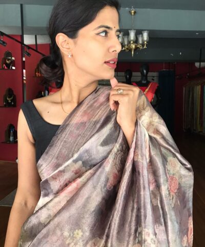 Black Printed Tissue Silk Saree with Gold Zari Border