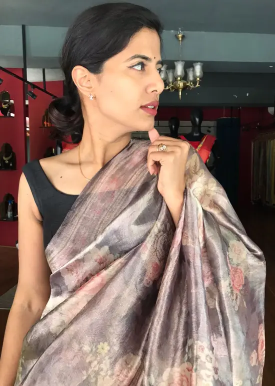 Black Printed Tissue Silk Saree with Gold Zari Border