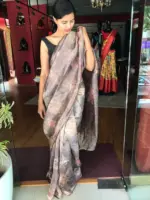 Black Printed Tissue Silk Saree with Gold Zari Border - Image 3