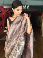 Black Printed Tissue Silk Saree with Gold Zari Border - Image 2