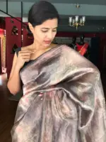 Black Printed Tissue Silk Saree with Gold Zari Border - Image 4
