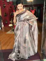 Black Printed Tissue Silk Saree with Gold Zari Border - Image 5