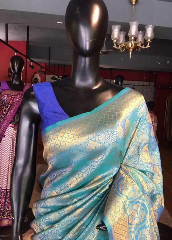 Blue Banarasi Silk Saree with Gold Zari Weaves
