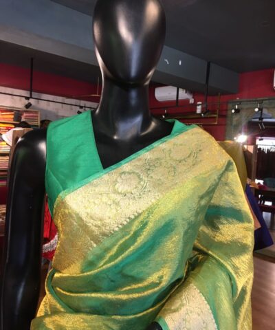 Green Crushed Tissue Silk Saree with Gold Woven border