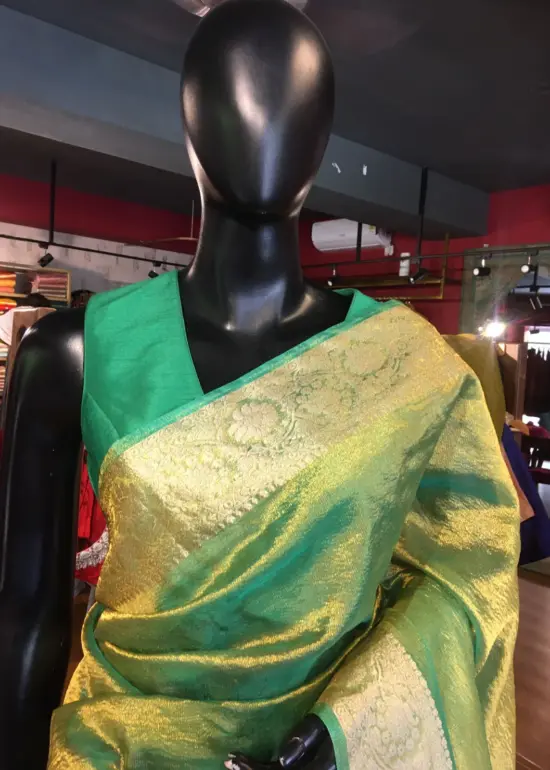 Green Crushed Tissue Silk Saree with Gold Woven border