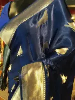 Royal Blue Satin Saree with Gold zari weaves - Image 3