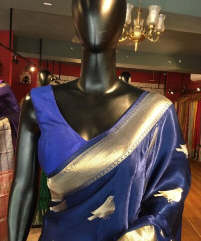 Royal Blue Satin Saree with Gold zari weaves