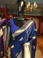 Royal Blue Satin Saree with Gold zari weaves - Image 6
