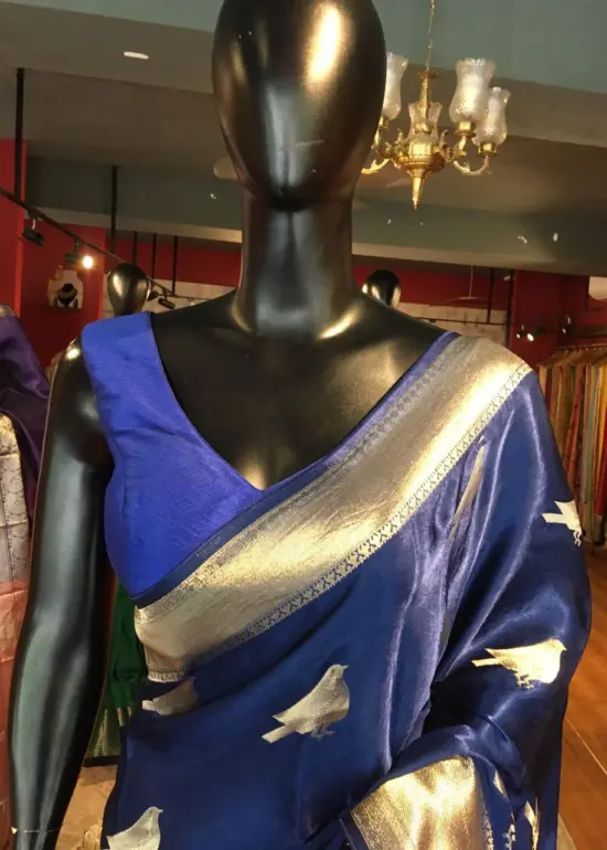Royal Blue Satin Saree with Gold zari weaves