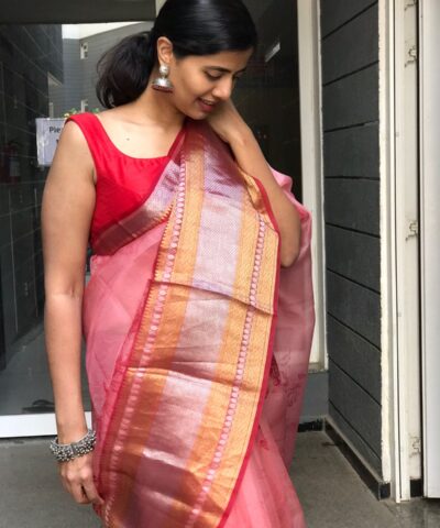 Red Printed Organza Silk Saree highlighted with Kanchi Silk Zari Border