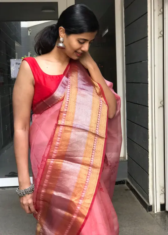 Red Printed Organza Silk Saree highlighted with Kanchi Silk Zari Border