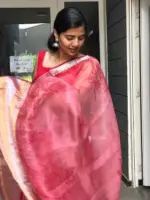 Red Printed Organza Silk Saree highlighted with Kanchi Silk Zari Border - Image 2