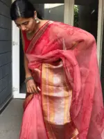 Red Printed Organza Silk Saree highlighted with Kanchi Silk Zari Border - Image 3