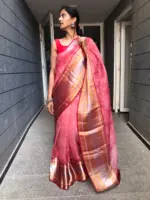 Red Printed Organza Silk Saree highlighted with Kanchi Silk Zari Border - Image 5