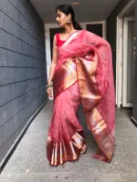 Red Printed Organza Silk Saree highlighted with Kanchi Silk Zari Border - Image 6