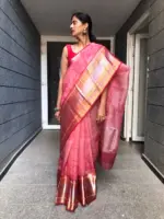 Red Printed Organza Silk Saree highlighted with Kanchi Silk Zari Border - Image 7