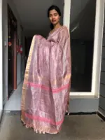 Onion Pink Tissue Silk Saree Embellished with Sequins highlighted with contrast Gold Zari Border - Image 3