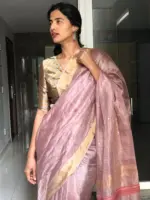 Onion Pink Tissue Silk Saree Embellished with Sequins highlighted with contrast Gold Zari Border - Image 2
