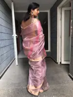 Onion Pink Tissue Silk Saree Embellished with Sequins highlighted with contrast Gold Zari Border - Image 5