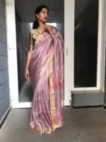 Onion Pink Tissue Silk Saree Embellished with Sequins highlighted with contrast Gold Zari Border - Image 4