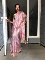 Onion Pink Tissue Silk Saree Embellished with Sequins highlighted with contrast Gold Zari Border - Image 6