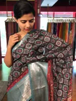 Black Ajrakh Printed Mangalagiri Silk Saree
