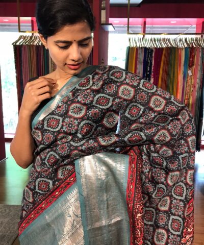 Black Ajrakh Printed Mangalagiri Silk Saree