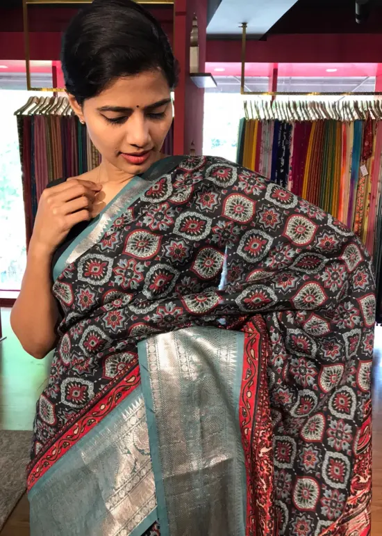 Black Ajrakh Printed Mangalagiri Silk Saree