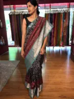 Black Ajrakh Printed Mangalagiri Silk Saree - Image 3
