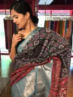 Black Ajrakh Printed Mangalagiri Silk Saree - Image 2