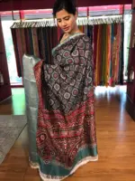 Black Ajrakh Printed Mangalagiri Silk Saree - Image 4