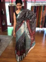 Black Ajrakh Printed Mangalagiri Silk Saree - Image 5