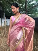 Baby Pink Tissue Silk Saree highlighted with Beautiful Gota Border