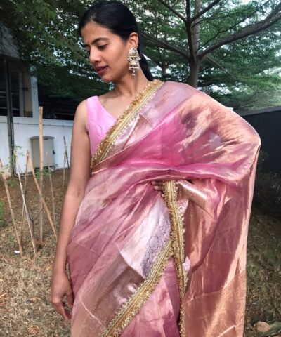 Baby Pink Tissue Silk Saree highlighted with Beautiful Gota Border