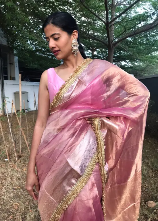 Baby Pink Tissue Silk Saree highlighted with Beautiful Gota Border