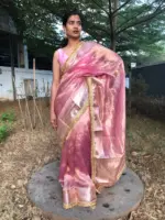 Baby Pink Tissue Silk Saree highlighted with Beautiful Gota Border - Image 3
