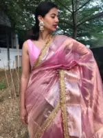 Baby Pink Tissue Silk Saree highlighted with Beautiful Gota Border - Image 2