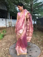 Baby Pink Tissue Silk Saree highlighted with Beautiful Gota Border - Image 4