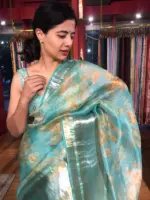 Teal Printed Organza Silk Saree with Kanchi Zari Border - Image 4