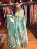 Teal Printed Organza Silk Saree with Kanchi Zari Border - Image 5