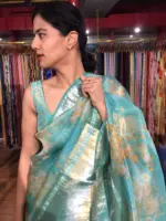Teal Printed Organza Silk Saree with Kanchi Zari Border - Image 3