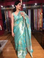 Teal Printed Organza Silk Saree with Kanchi Zari Border - Image 6