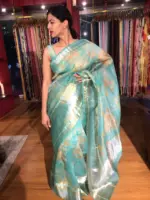 Teal Printed Organza Silk Saree with Kanchi Zari Border - Image 2